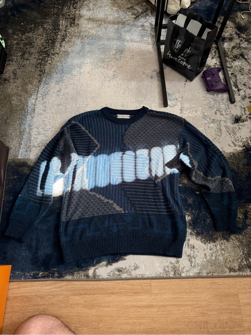 Men's Navy Crewneck Sweater with Abstract Light-Blue Accent